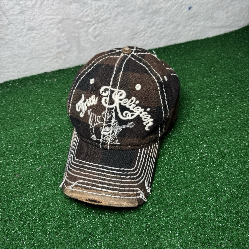 Rare Vintage True Religion Trucker Hat Distressed Brown Plaid Y2K Grunge